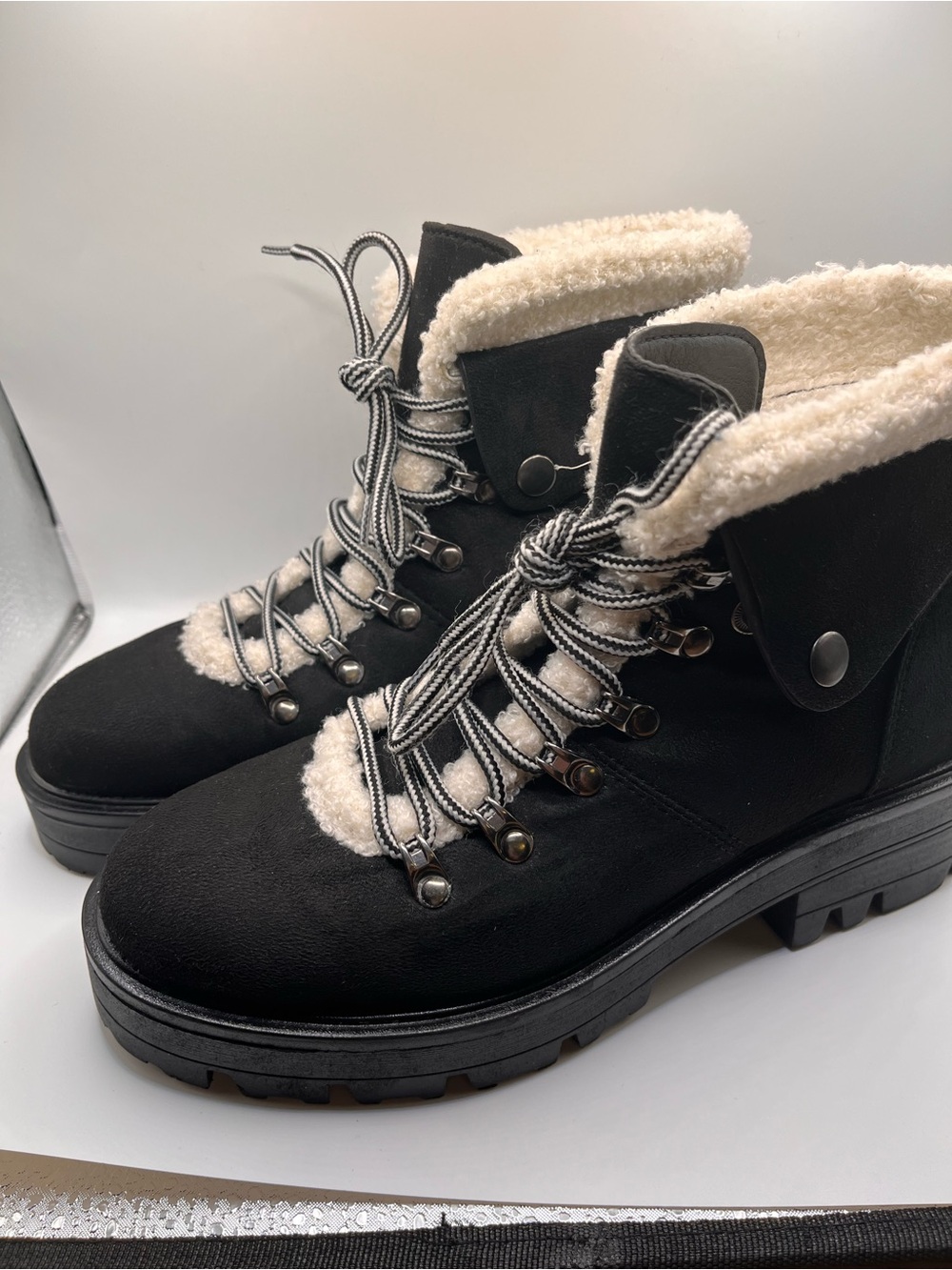 Black Faux-Shearling Lace-Up Winter Boots - Women